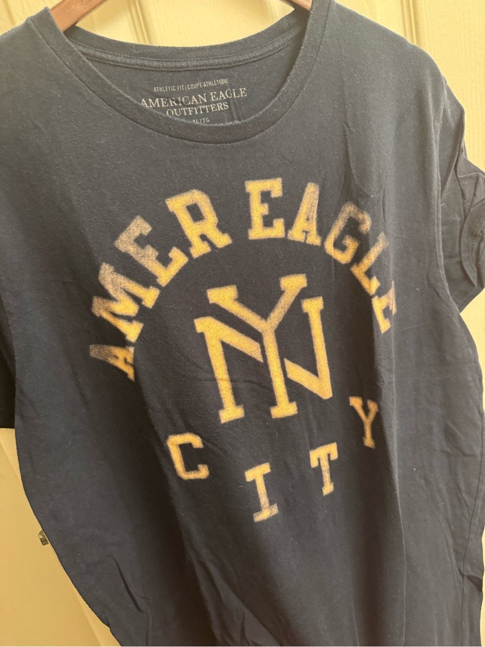 American Eagle Outfitters Navy Tee with Gold Print